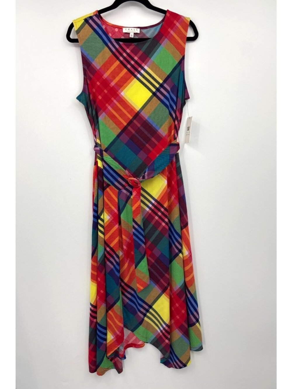 Chaus Stretch Plaid Asymmetrical Belted Midi Sleeveless Dress Red Size Large NEW - Picture 2 of 8
